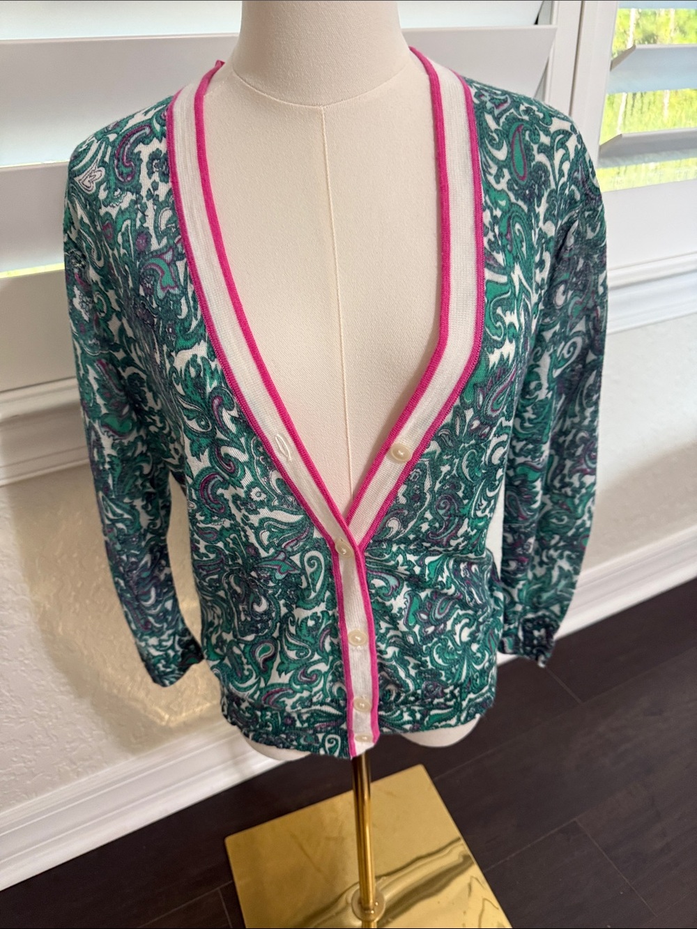 LOFT Green White Paisley Cardigan with Pink Trim